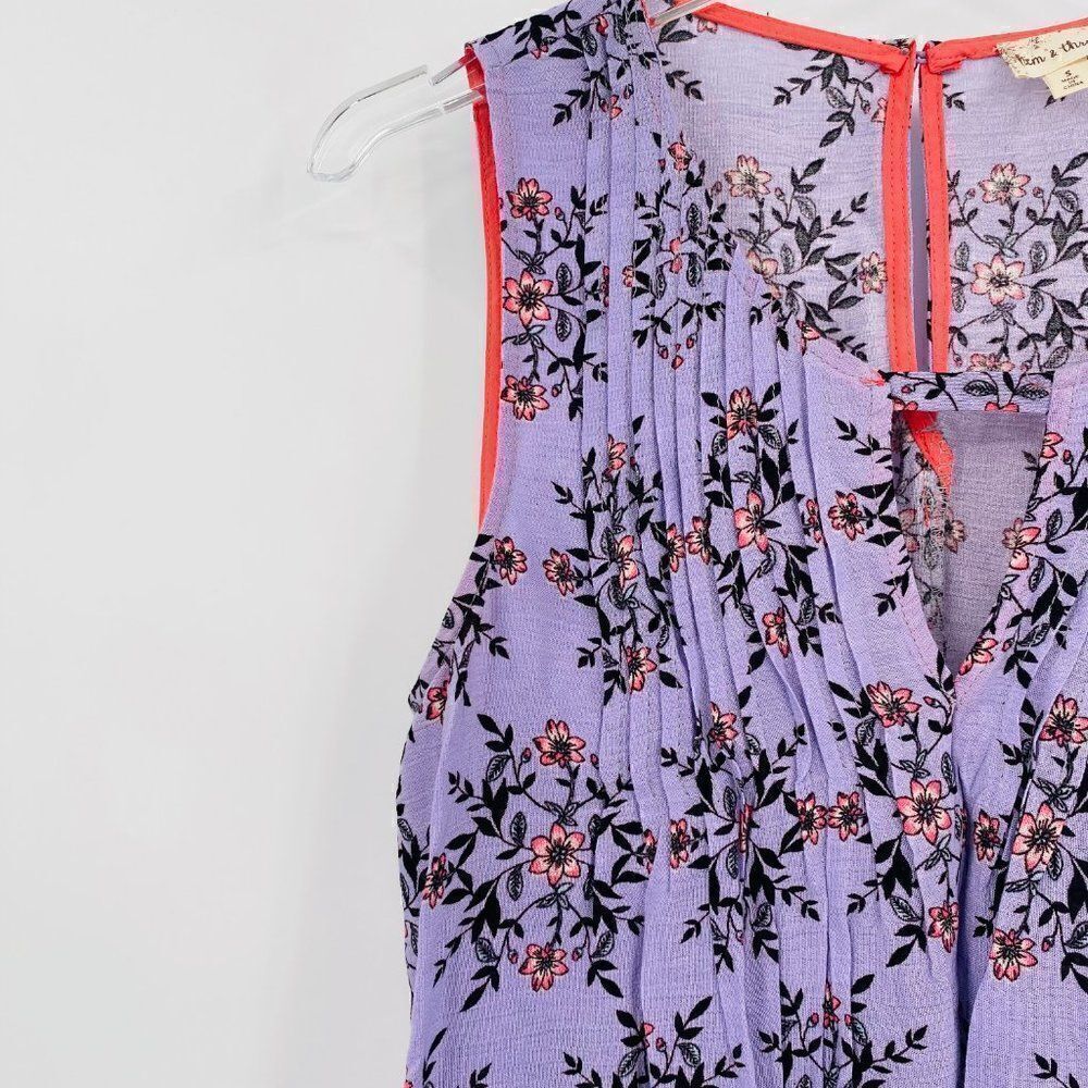 Hem & Thread Size Small Purple Boho Floral Pleated Sleeveless Blouse Top - Picture 5 of 9